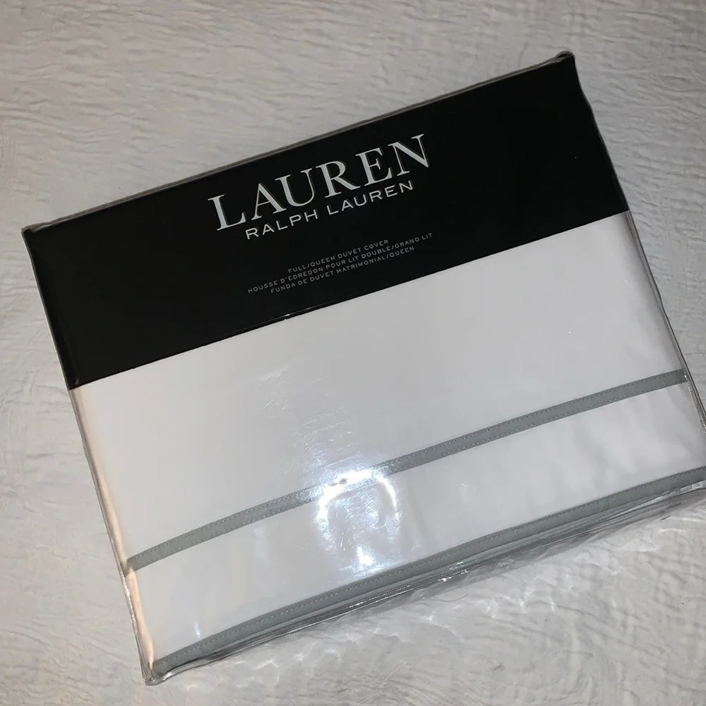 Ralph Lauren Spencer Sateen Duvet Cover F/Q White NWT Sage Trim 300TC $335